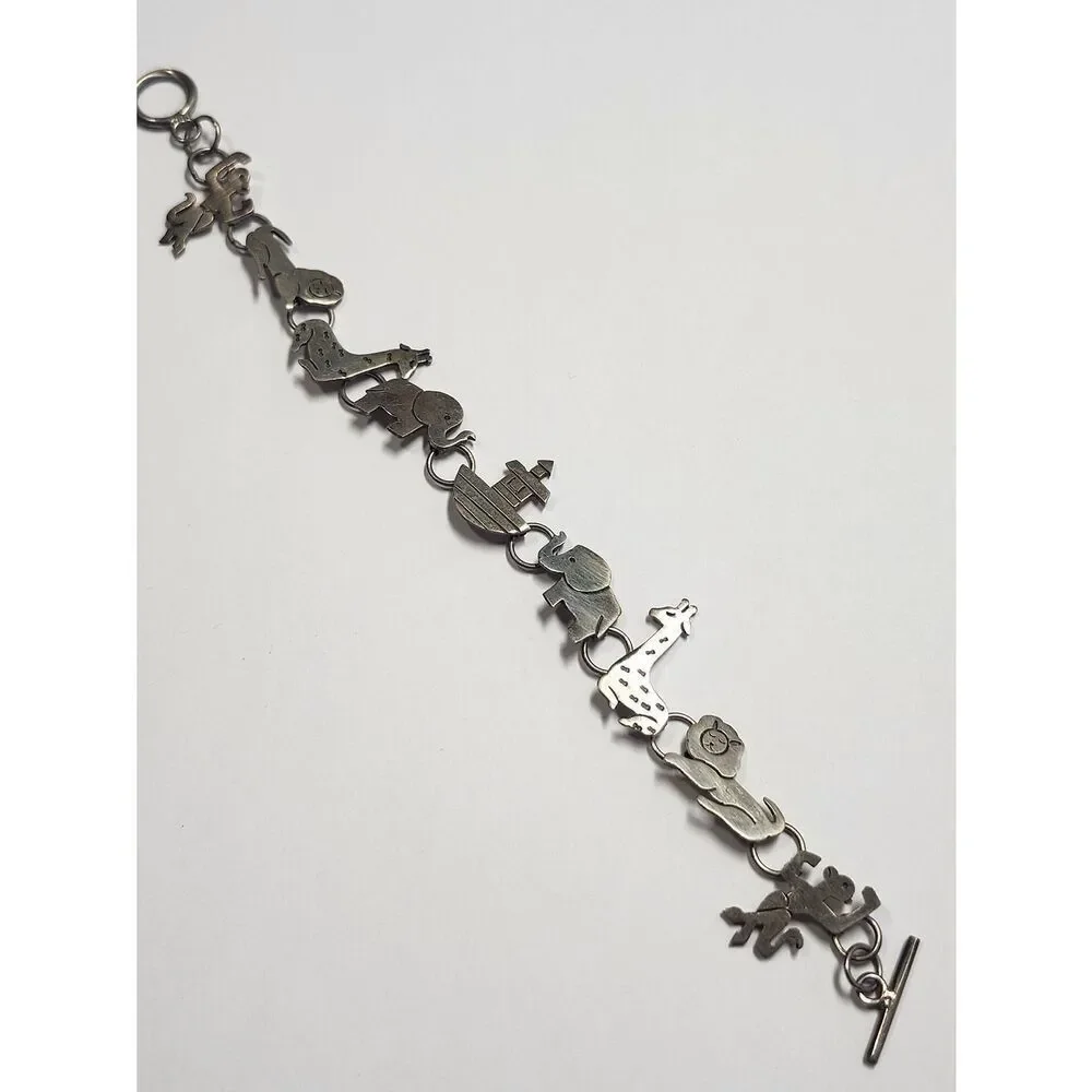 Vintage Sterling Silver Noahs Ark Charm Link Bracelet 925